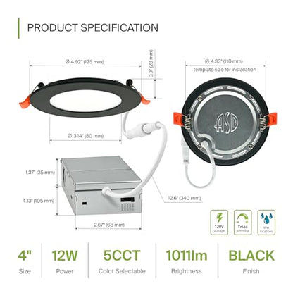 ASD 6 Pack LED Recessed Lighting 4 Inch 12W, 5 CCT 2700K-5000K CRI90+, IC Rated Ultra Thin Dimmable Ceiling Lights with J Box, Canless Wafer Downlight, Round Slim Panel Light, Energy Star ETL, Black - color: Black, size: 4 Inch 6 Pack