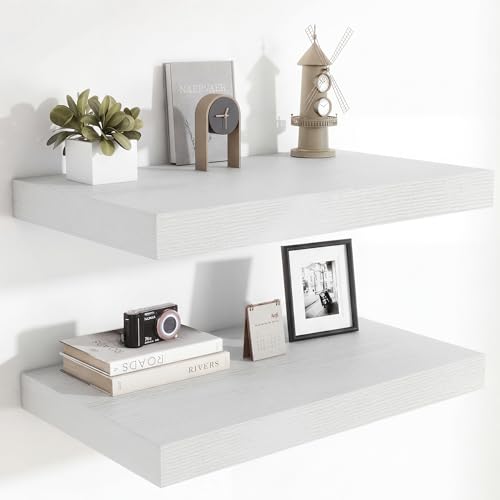 Heimlove 24 x 12 Inch Deep Floating Shelves Wall Mounted with Invisible Brackets, Storage Hanging Shelf for Wall Decor in Bathroom, Bedroom, Toilet, Kitchen, Living Room, Office, Set of 2, White - color: White, size: 24"W x 12"D x 2"H, Set of 2
