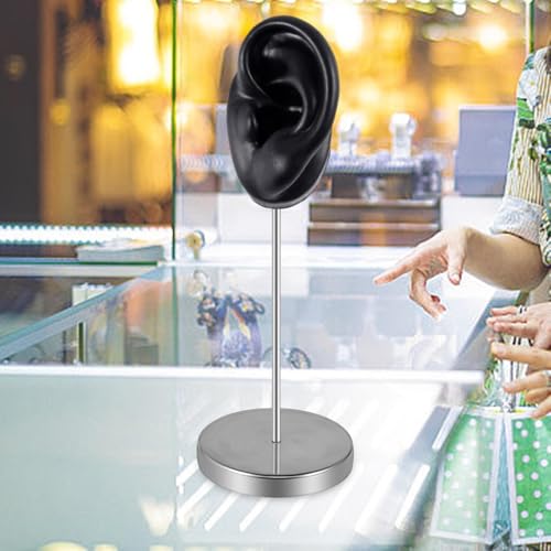 Silicone Ear Model Earring Jewelry Display Teaching Tool Prop Stainless Steel Holder Stand for Retails Girls Women Photos, Black Left