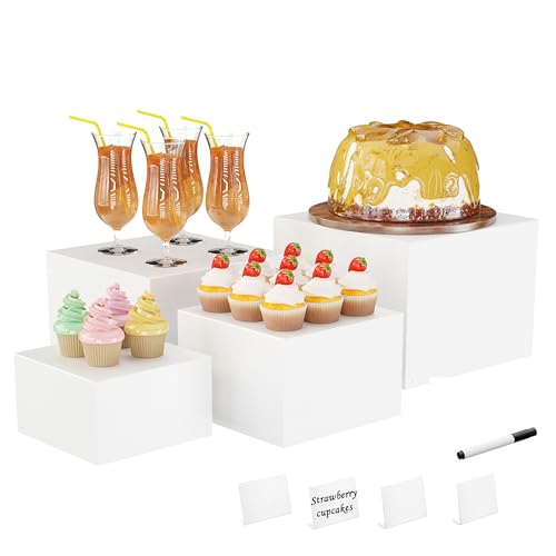 Metal Buffet Risers,4PCS Food Risers for Buffet Table 5in to 8in Display Stand with Mini Acrylic Signs for Catering Dessert Collectibles Jewelry Figures Show Grayish White Cube Boxes Nesting Risers with Hollow Bottoms - color: Grayish White, size: Regular