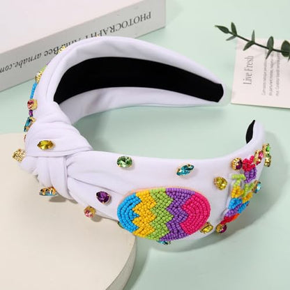 NVENF Easter Headband for Women Beaded Easter Rabbit Bunny Headband White Pink Crystal Pearl Knotted Hairband Happy Easter Hair Accessories Spring Holiday Headwear Outfits Gifts (Easter Egg A) - color: Easter Egg A
