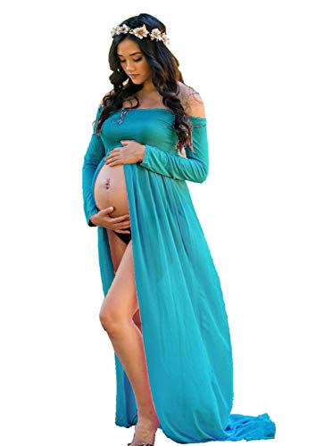 ZIUMUDY Maternity Maxi Chiffon Photography Dress Split Front Gown for Photoshoot - color: Peacock Blue
