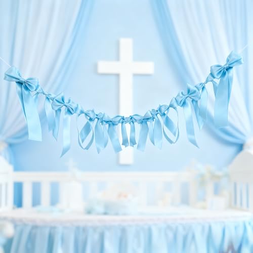 Baby Blue Satin Bow Garland Banner Coquette Bachelorette Party Decor,Bridal Shower Backdrop,Wedding & Engagement Party Supplies,Birthday Decoration,Photo Booth Props(Baby Blue) - color: Baby Blue