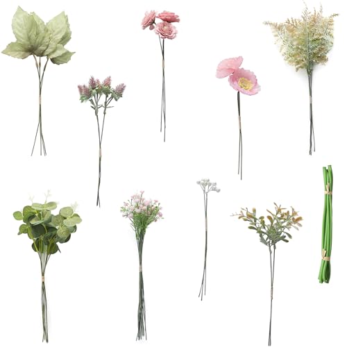 Floroom Artificial Greenery Stems Box Set, 45pcs with 6 Kinds of Faux Greenery Flowers Picks for DIY Bridal Bouquets Wedding Floral Arrangement Table Centerpieces, Dusty Rose & Green - color: Dusty Rose & Green