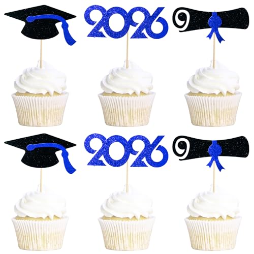 Pre-Assembled Graduation Cupcake Toppers 48 PCS, Class of 2026 Mini Cake Decorations Grad Cap & Diploma, Food & Appetizer Picks for Graduation Party - color: Blue