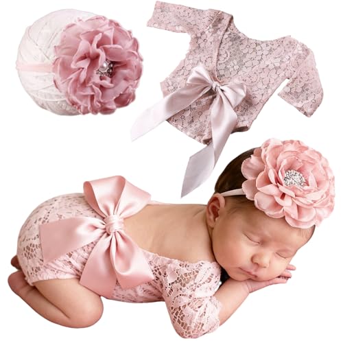 Newborn Photography Outfits, Cute Baby Lace Ribbon Rompers with Headband for Infant Photography Props - color: Pink