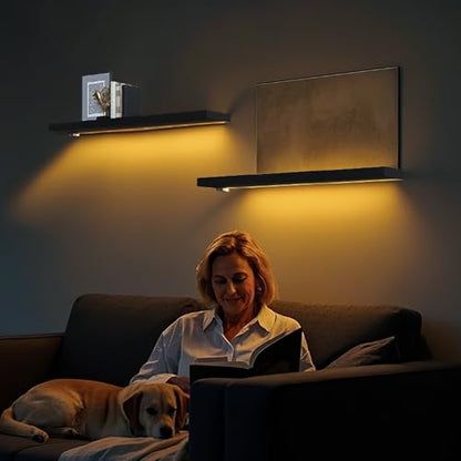 BAMEOS Floating Shelves with LED Light, Wall Mounted Wooden Shelves with Invisible Brackets, Set of 2, Hanging Wall Shelves for Bedroom, Bathroom, Living Room and Kitchen(31", Blcak) - color: Black-cob, size: 31 x 7