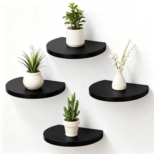 Small Wood Floating Shelves (4-Pack, 8-inch Diameter) - Round Sturdy Invisible Wall Mount Display for Small Plants,Toys,Bathroom,Living Room Storage & Modern Rustic Décor (Black) - color: Black, size: 8 Inch-4 Pcs