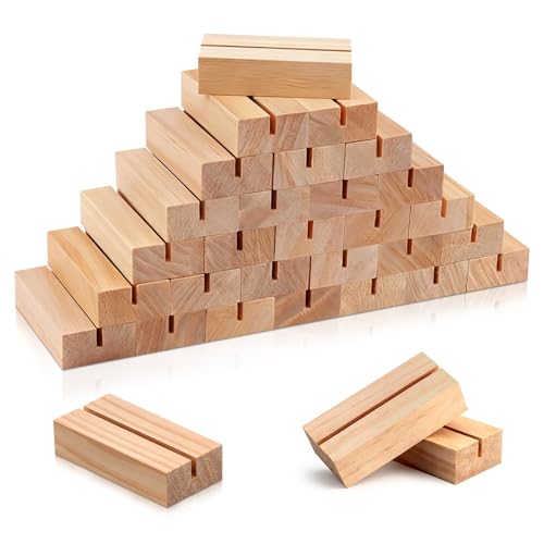 FSWCCK 30 Pieces Wood Place Card Holders Wood Table Number Stands Picture Holder Acrylic Sign Holders for Ceremony Birthday Party Home Decoration