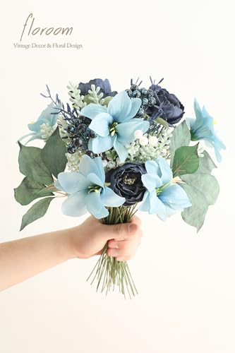 Floroom Artificial Greenery Stems Box Set, 59pcs with 8 Kinds of Faux Greenery Flowers Picks for DIY Bridal Bouquets Wedding Floral Arrangement Table Centerpieces, Navy & Dusty Blue - color: Navy & Dusty Blue