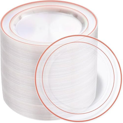 bUCLA 100PCS Clear Rose Gold Plastic Plates Disposable - Heavy Duty 6.25 Inch Clear Plastic Dessert Plates with Rose Gold Trim - Ideal for Party, Wedding & Mother's Day - color: Clear Rose Gold