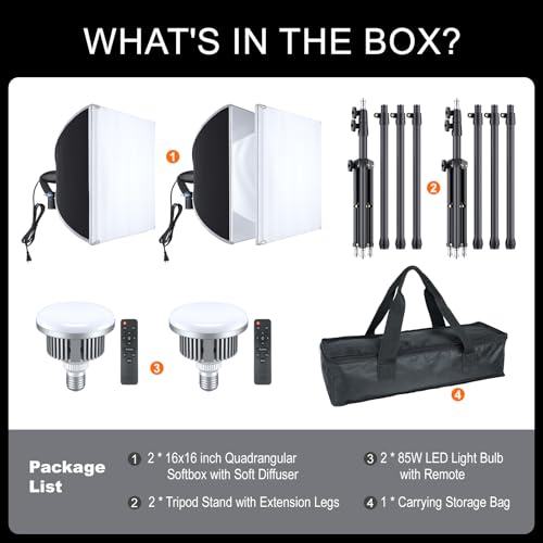 LINCO Lincostore Softbox Photography Lighting Kit 16'' x 16'' Professional Softbox Lighting Kit with 85W 3000-6500K LED Bulbs, Studio Lights for Photography/Video Recording/Live Streaming AM319