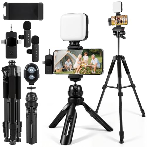 Vlogging Kit with Wireless Lavalier Microphone for iPhone, Android, YouTube Starter kit Content Creator Equipment with 60” Extendable Fullsize Tripod, Soft Light for Vlogging, YouTube, TikTok