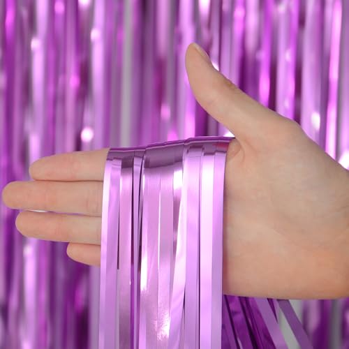 Melsan Light Purple Tinsel Curtain Backdrop, 3.28 x 8ft Metallic Foil Fringe Curtains with Adhesive + Extra Backup Tape, Shiny Party Background for Birthday, Photo Booth & Event Decor, 2 Pack - color: Light Purple