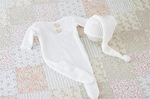 Coberllus Newborn Photography Props Outfit Fabric Sleepy Knot Hat & Footed Romper Bodysuit for Baby Boys Girls Photoshoot - color: Off-white