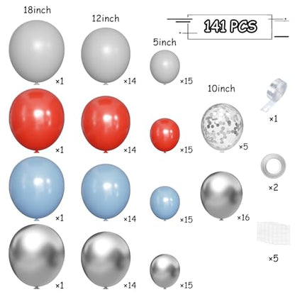 MEBAY Dusty Blue Gray Red Silver Balloon Arch Kit, 141 Pcs Dusty Blue Retro Grey Metallic Silver Red and Silver Confetti Balloons for Birthday Wedding Baby Bridal Shower - color: 141-dusty Blue