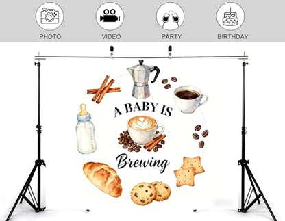 4x4ft A Baby is Brewing Backdrop Baking Theme Feeding Bottle Croissant Brown Coffee Beans Cute Bear Newborn Sweet Cake Smash Baby Shower Decorations Photography Background Photo Studio Props - size: 4x4ft