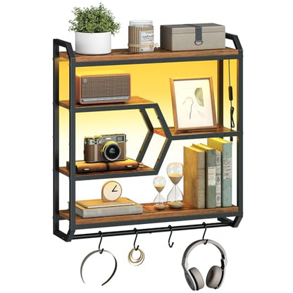 HOOBRO 27.5" Floating Shelf with LED Lights, Gaming LED Wall Mounted Shelf with Hanging Rod & 4 S-Hooks, 4-Tier Hanging Display Rack, for Living Room, Gaming Room, Rustic Brown and Black BF71DBJ01 - color: Rustic Brown + Black