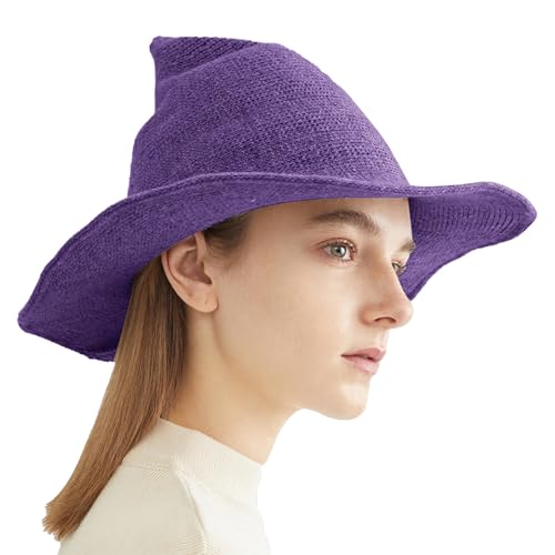 Halloween Witch Hat for Women Wide Brim Foldable Wizard Hat Wool Knit Pointed Cap Cosplay Costume Accessory - color: Purple