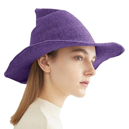Halloween Witch Hat for Women Wide Brim Foldable Wizard Hat Wool Knit Pointed Cap Cosplay Costume Accessory - color: Purple