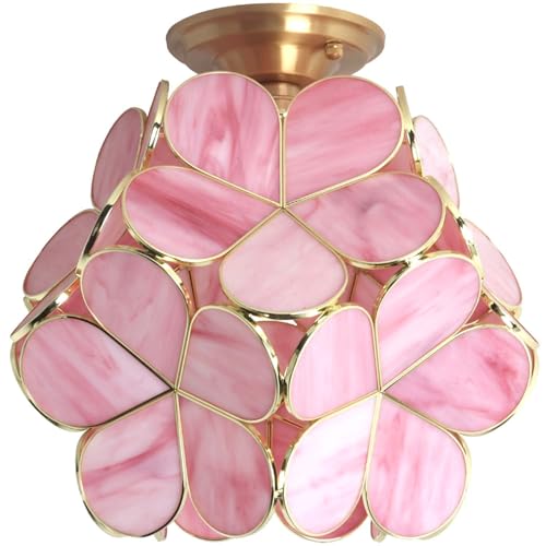 Bieye L11051 Flower Petals Tiffany Style Stained Glass Close to Ceiling Light for Home Decor (Pink, 12" Cherry Blossom) - color: Pink, size: 12" Cherry Blossom