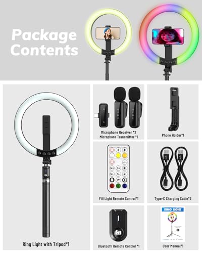 Yeaki Vlogging Kit for iPhone/Android - 10" Selfie Ring Light with 74" Tripod Stand & Phone Holder, Tripod for iPhone with Light and Microphone, YouTube Starter Kit for TikTok/Makeup/Content Creator