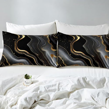 Erosebridal Gold Black Marble Bedding Set for Kids, Gold Glitter Abstract Marbling Bed Sheets Metallic Marble Texture Fitted Sheet Ombre Stone Pattern Fluid Bed Set Twin Size with 1 Pillow Case - color: Black Gold, size: Twin