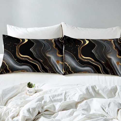 Erosebridal Gold Black Marble Bedding Set for Kids, Gold Glitter Abstract Marbling Bed Sheets Metallic Marble Texture Fitted Sheet Ombre Stone Pattern Fluid Bed Set Full Size with 2 Pillow Cases - color: Black Gold, size: Full