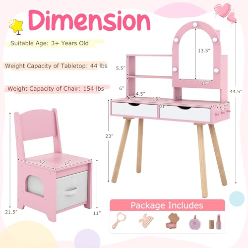 Costzon Kids Vanity with Lights, Girls Vanity Set with Mirror Cabinet, Storage Drawers, Hooks & Shelves, Toddler Makeup Vanity Desk Dressing Table, Wooden Kids Vanity Table and Chair Set (Pink) - style: Pink with Mirror Cabinet