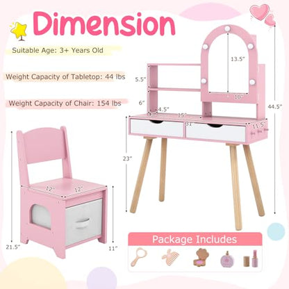 Costzon Kids Vanity with Lights, Girls Vanity Set with Mirror Cabinet, Storage Drawers, Hooks & Shelves, Toddler Makeup Vanity Desk Dressing Table, Wooden Kids Vanity Table and Chair Set (Pink) - style: Pink with Mirror Cabinet