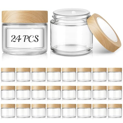 Bumobum 2 oz Small Glass Jars with Plastic Woodgrain Lids, 24 Pack Clear Glass Cosmetic Jars with Inner Liners, 60ml Refillable Empty Sample Containers for Cream, Salve, Powders and Lotion Storage - color: 2oz-24pack
