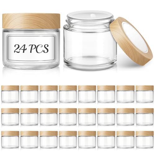 Bumobum 2 oz Small Glass Jars with Plastic Woodgrain Lids, 24 Pack Clear Glass Cosmetic Jars with Inner Liners, 60ml Refillable Empty Sample Containers for Cream, Salve, Powders and Lotion Storage - color: 2oz-24pack