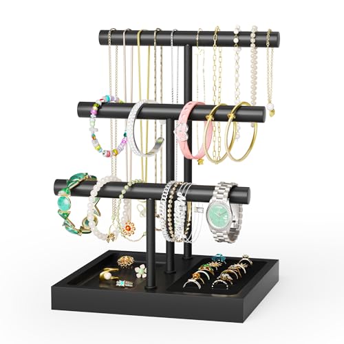 SZQINJI Bracelet Holder Display Organizer Stand, Necklace Holder Jewelry Holder Stand, Solid Wood Base with 3 Tier Metal T-bar for Bracelet Necklace Scrunchie Wristband Bangle Watch Ring, Black - size: 3 Tier