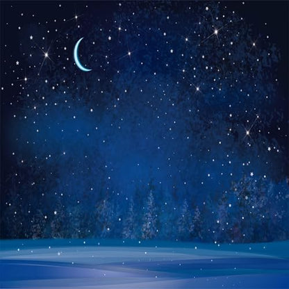 BELECO 8x8ft Fabric Winter Wonderland Night Snowfall Backdrop Blue Starry Sky Moon Stars Snowflakes Fir Trees Pine Forest Snow Scene Background Christmas New Year Party Decoration Photo Studio Props - size: 8x8FT