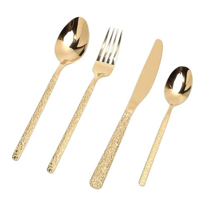 Fabater Gold Flatware Set, 24 Piece 18/10 Stainless Steel Silverware Set, Cutlery Utensil with Includes 6 Dinner Knives Forks Spoons for Restaurant Wedding Party Home Use (Stone Pattern Gold)