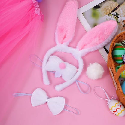 hoyuwak 5Pcs Easter Bunny Costume Set Includes Rabbit Ear Headband Nose Pink Tutu Skirt Bow Tie and Tail for Women Cosplay