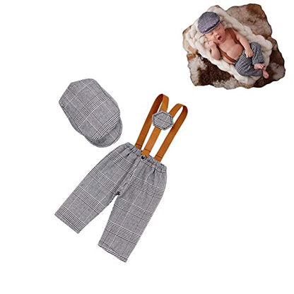 Newborn Monthly Baby Photo Props Stripe Checked Flat Cap Newsboy Suspender Pants Romper for Photography Outfits - color: Silver Gray