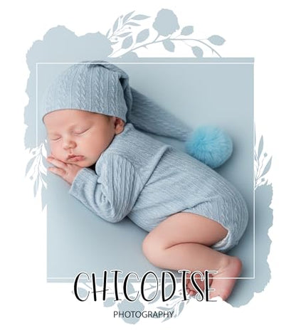 Newborn Photography Props, Infant Photoshoot Outfit Romper & Pom Pom Hat for Baby Boys Girls - color: Light Blue