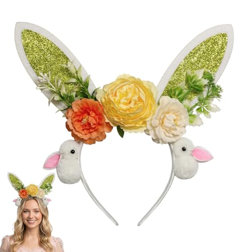 Easter Bunny Ear Headband with Floral Decorations, Glitter Rabbit Ears Hair Hoop for Women and Girls, Spring Party Hair Accessories for Photo Props,Cosplay - color: Green