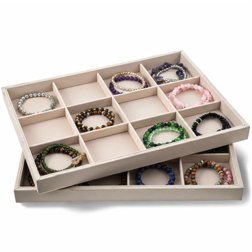 Stackable Jewelry Organizer Trays for Drawers, 2Pcs 12 Grid Velvet Jewelry Display Tray, Soft Light Jewelrys Display Case for Selling Necklace Earring Ring Watch, Beige, 13.8x9.5x1.2inch
