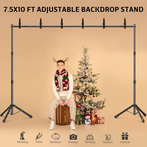 3-in-1 Adjustable Backdrop Stand 10 x 7.5 FT, Portable Photography Background Stand Kit with Carrying Bag, 6 Clamps & 2 Sandbags for Studio, Party, Video, Banner Display - size: 10x7.5 ft