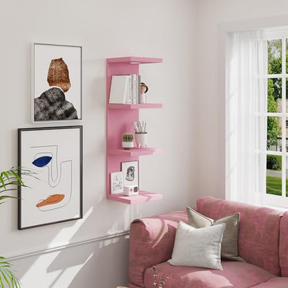 LitaEther Versatile 4 Tier Wall Shelf Unit,Pink Lack Wall Shelf,Display Floating Shelf with LED Remote Control Light - color: Pink, size: 4 Tier