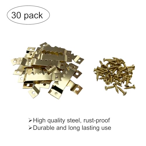 30 Pack Large Sawtooth Picture Hangers Steel Picture Hanging Picture Frames Hangers with Screws Picture Hang Solutions, for Hanging Artwork Picture Frame Hook Photos (Gold，Supports 50 lbs) - color: Large Gold - 30 Pack