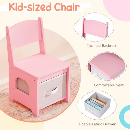 Costzon Kids Vanity with Lights, Girls Vanity Set with Mirror, Storage Drawers, Cabinet & Shelves, Toddler Makeup Vanity Desk Dressing Table, Wooden Kids Vanity Table and Chair Set (Pink) - style: Pink with Storage Bins