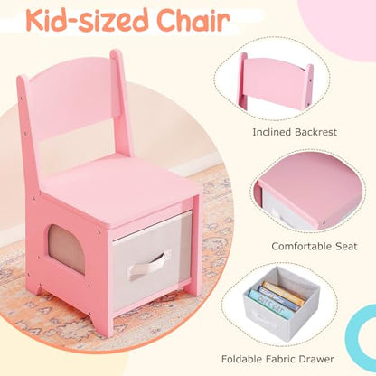 Costzon Kids Vanity with Lights, Girls Vanity Set with Mirror, Storage Drawers, Cabinet & Shelves, Toddler Makeup Vanity Desk Dressing Table, Wooden Kids Vanity Table and Chair Set (Pink) - style: Pink with Storage Bins