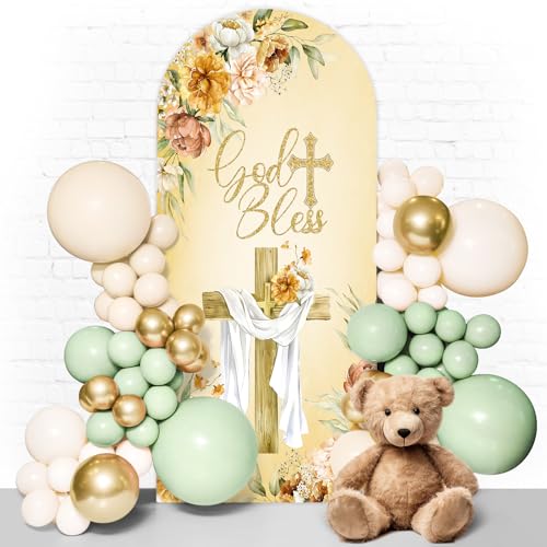 Baptism Arch Double Sided Backdrop God Bless Baptism Decorations 7.2FT First Communion Christening Party Arch Cover Photo Booth Decor for Birthday Party Banquet Ceremony Photography（1pcs Arch Cover） - color: bible-1