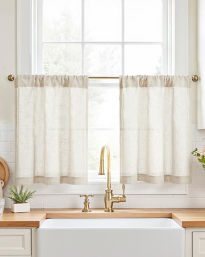 jinchan Beige Linen Kitchen Curtains 24 Inch Tier Curtains Farmhouse Cafe Light Filtering Small Window Drapes Flax Country Rustic Rod Pocket Bathroom Laundry Room RV 2 Panels Crude - color: Rod Pocket Crude, size: 26"W x 24"L (Pack of 2)