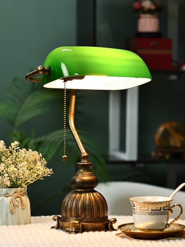 Retro Green Glass Bankers Desk Lamp for Home Office,Library with Pull Chain Switch Plug in Fixture, LED Bulb Included - color: Antique+Green1
