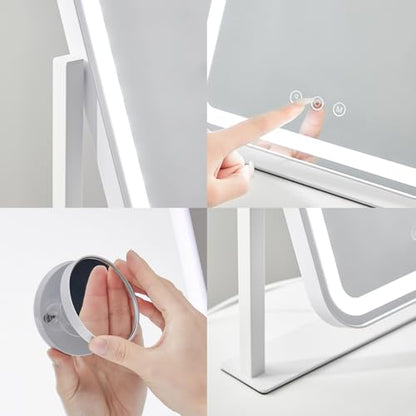 HIEEY Vanity Mirror with Lights, 17.4'' x 13'' Makeup Mirror with Lights, Three Color Lighting Modes, and 5X Magnification Mirror, Smart Touch Control, 360°Rotation (White,Gift Box) - style: 17.4'' x 13'' (96 LED)