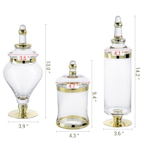 MyGift 3 Piece Set Antique Clear Glass Bathroom Apothecary Jars with Lid, Wedding Centerpiece, Kitchen Storage Jars with Metallic Brass-Tone Design - color: Gold